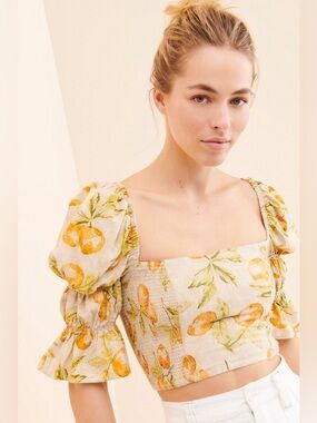 Urban Outfitters Citrus Square-Neck Puff Sleeve Smocked Top Picnic Euro Summer S